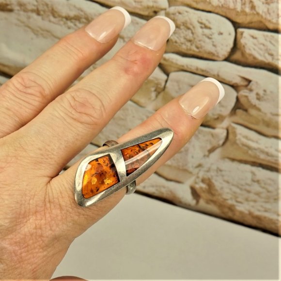 BALTIC AMBER 925 SILVER LONG RING 7.75, RARE TO FIND JEWELRY, GIFT FOR WOMEN - Picture 4 of 10